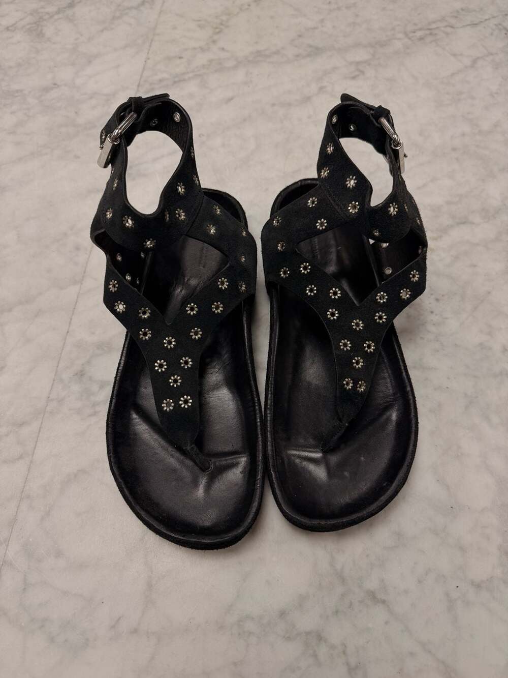 Isabel Marant Black Suede Elwina Eyelet Studded Ankle Strap Sandals